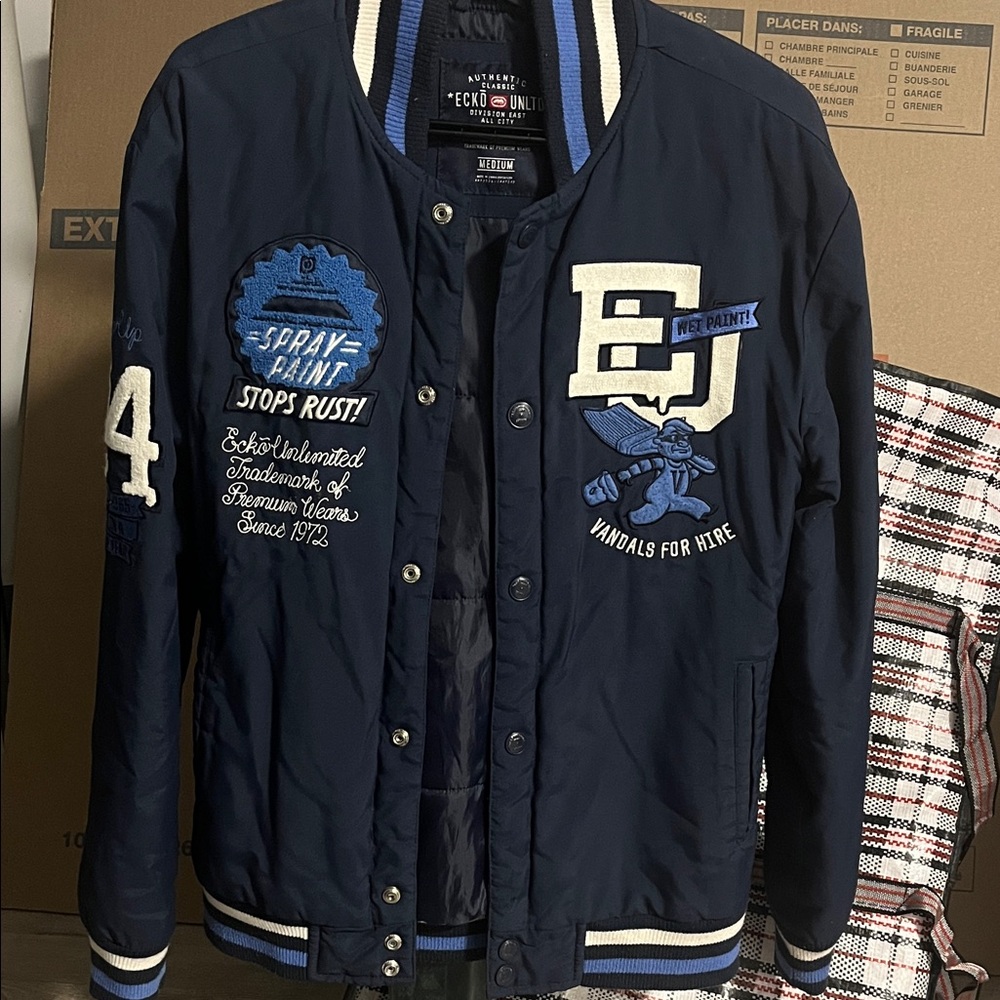 Ecko Unlimited Men's Navy Varsity Jacket with Blue Patches